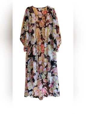 Band of Gypsies Floral Sheer Top - Pink, Green, Brown on Black Floral Kimono.